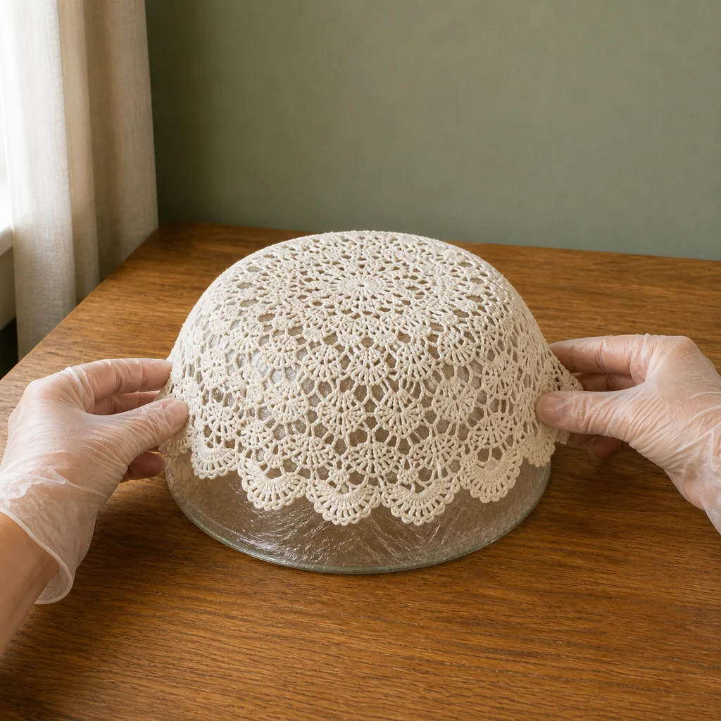 Shaping a wet lace doily over a plastic-wrapped glass bowl