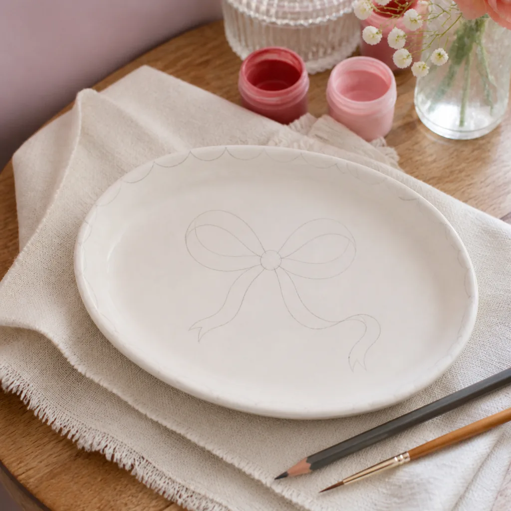Faint pencil guide lines on a ceramic bow trinket dish showing bow details and evenly spaced scallops around the rim.