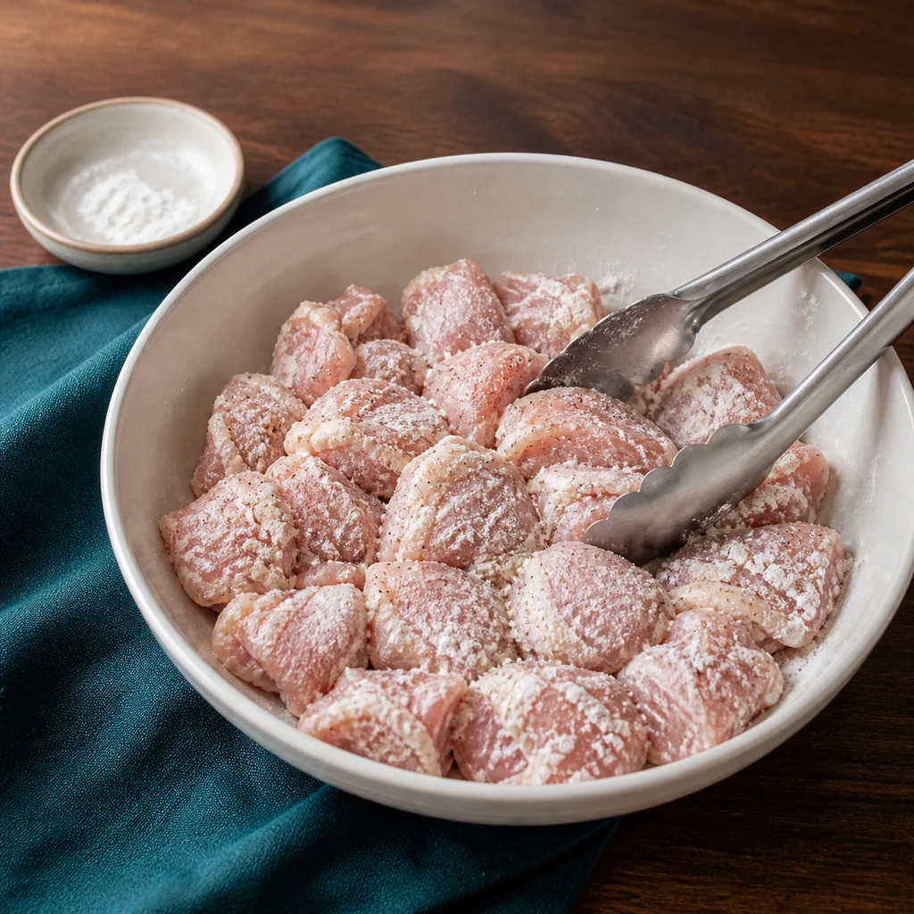 Raw chicken thigh pieces lightly coated with cornstarch