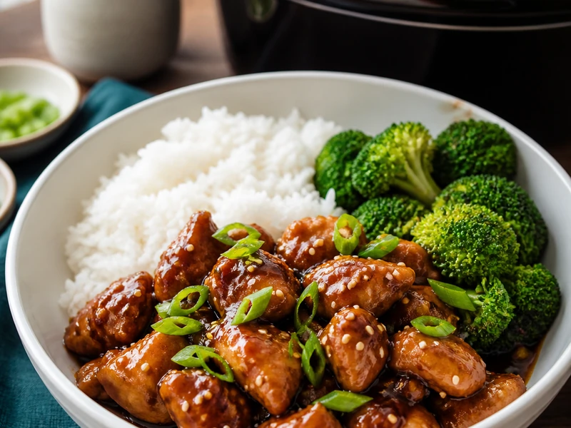 Slow Cooker General Tso's Chicken with rice and broccoli
