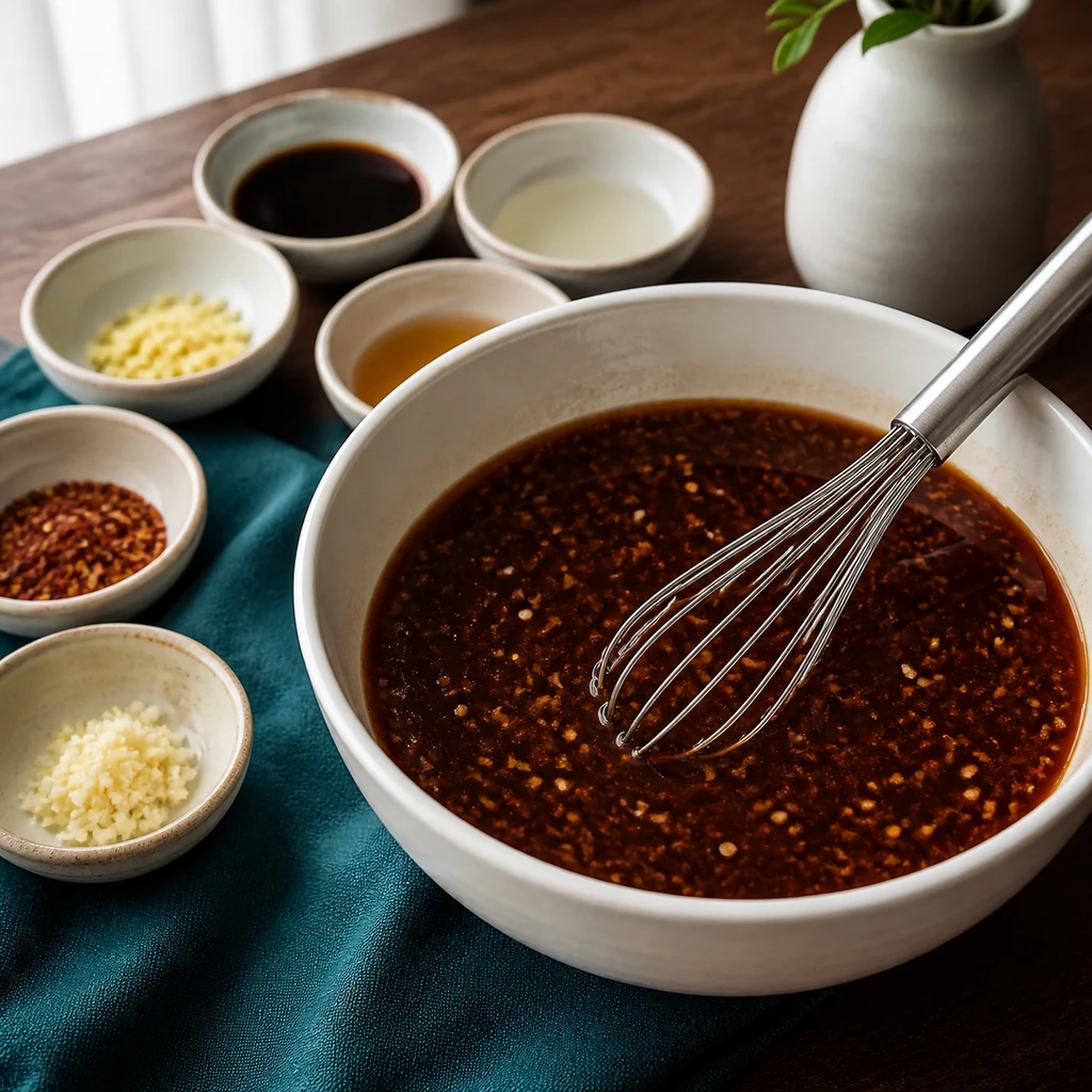 General Tso sauce whisked in a ceramic bowl