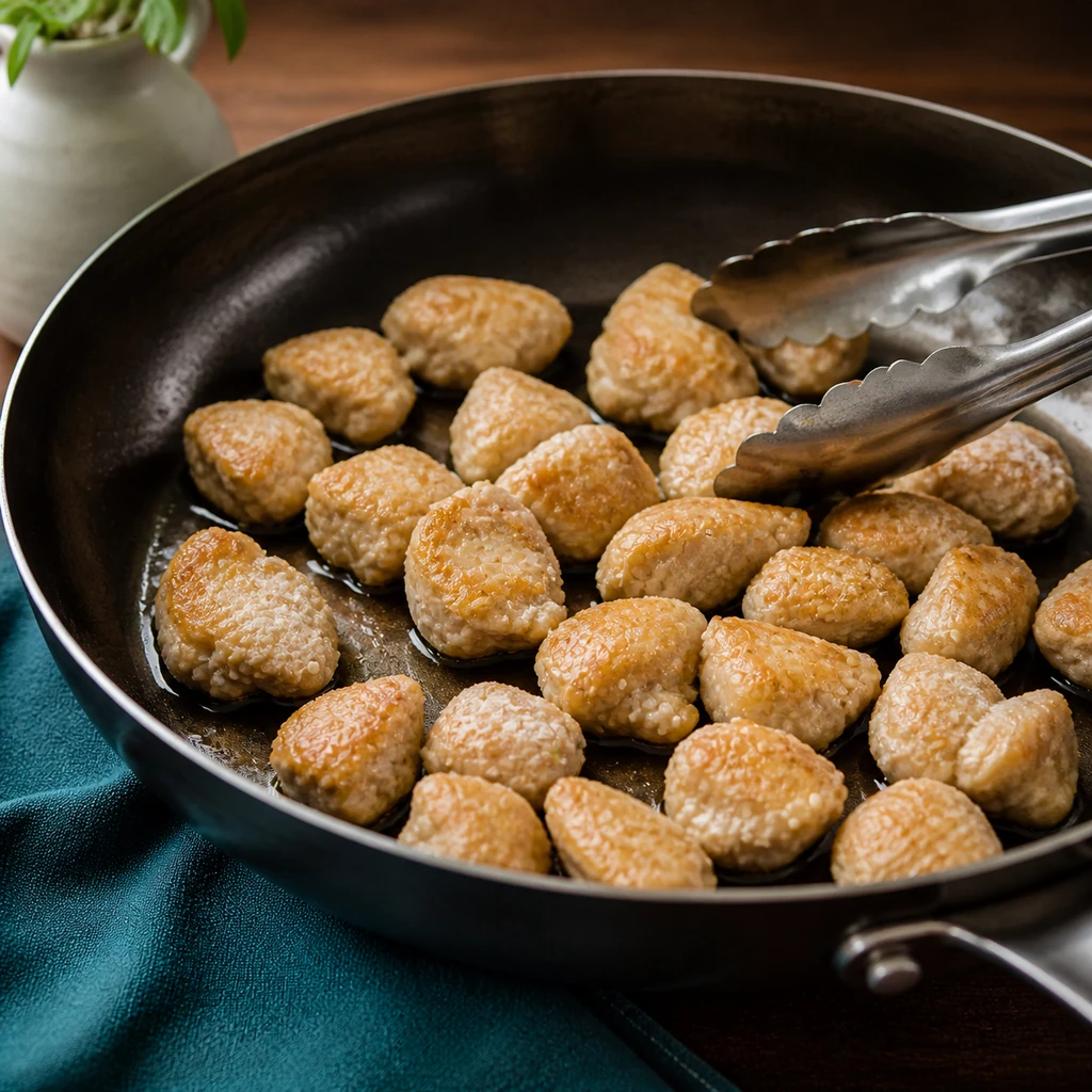 Cornstarch-coated chicken pieces lightly seared in a skillet