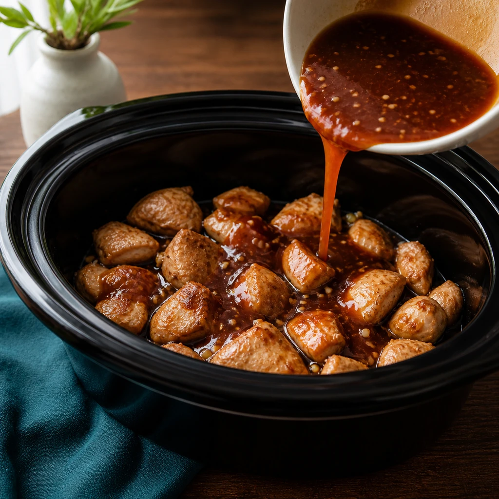 General Tso sauce poured over seared chicken in a slow cooker