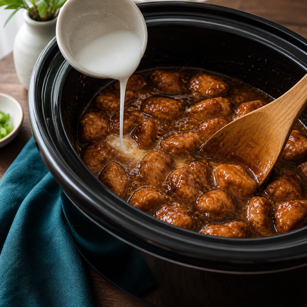 Cornstarch slurry added to cooked chicken in a slow cooker