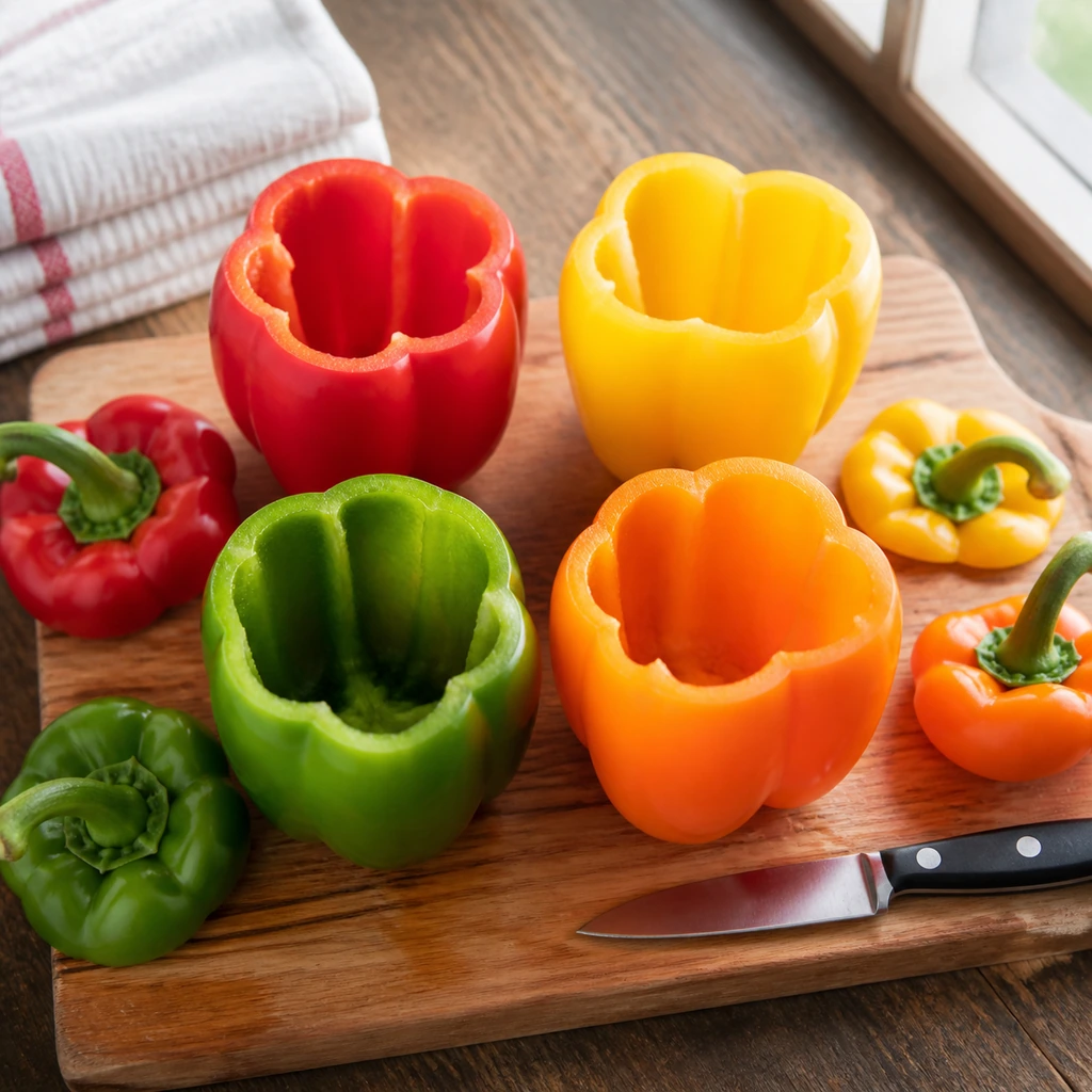 Hollowed bell peppers prepared for slow cooker stuffed peppers