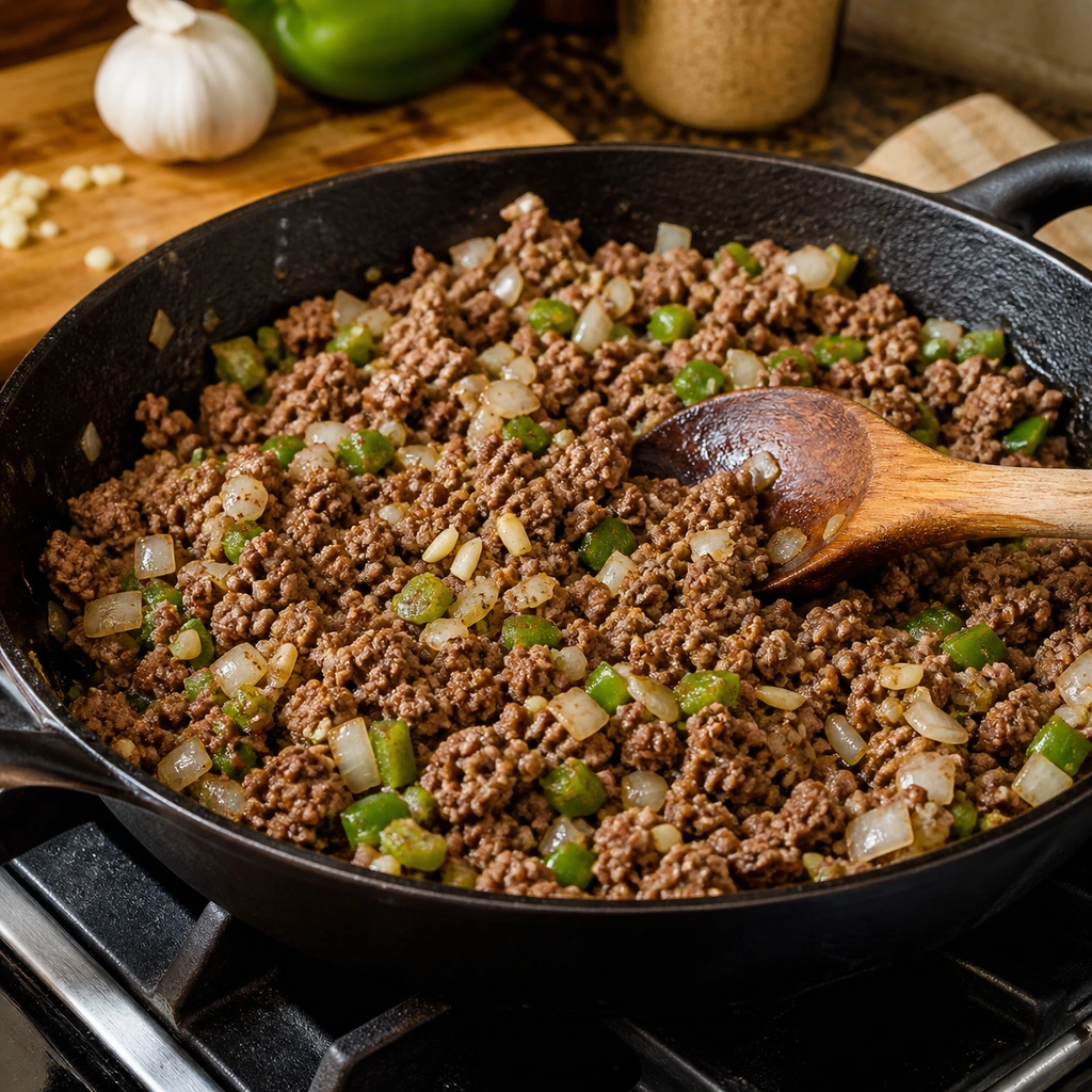 Ground beef cooked with onion, garlic, and chopped bell pepper for stuffed peppers