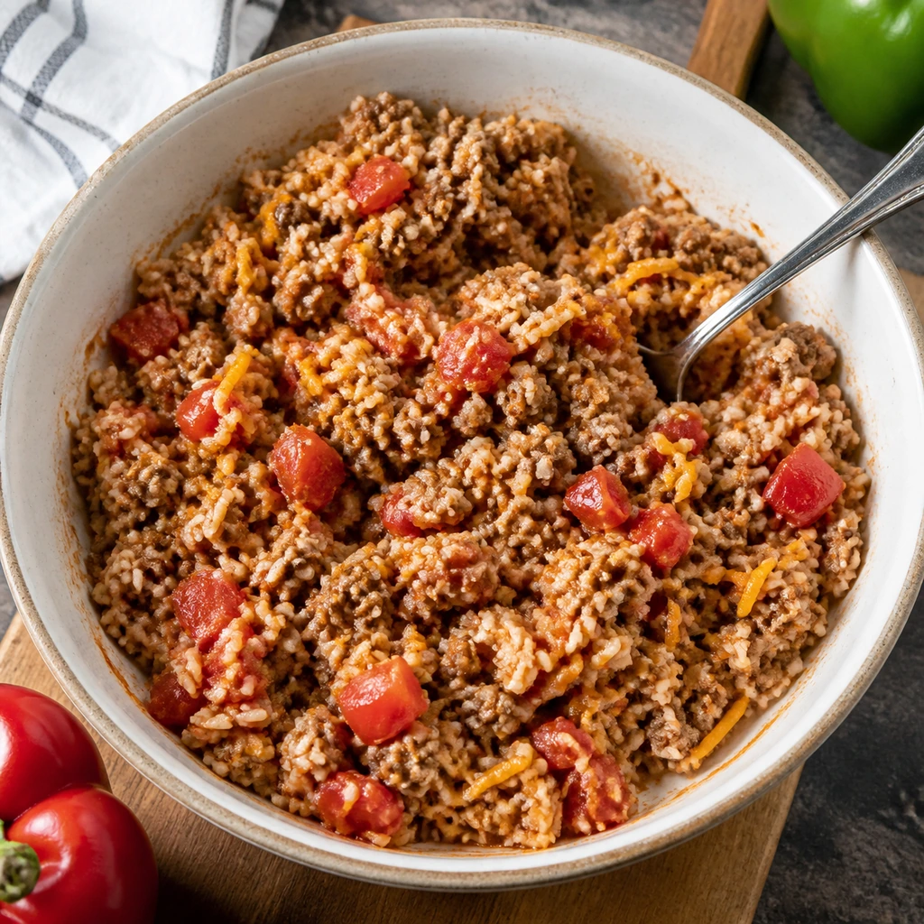 Rice, beef, tomatoes, cheese, and spices mixed for stuffed peppers