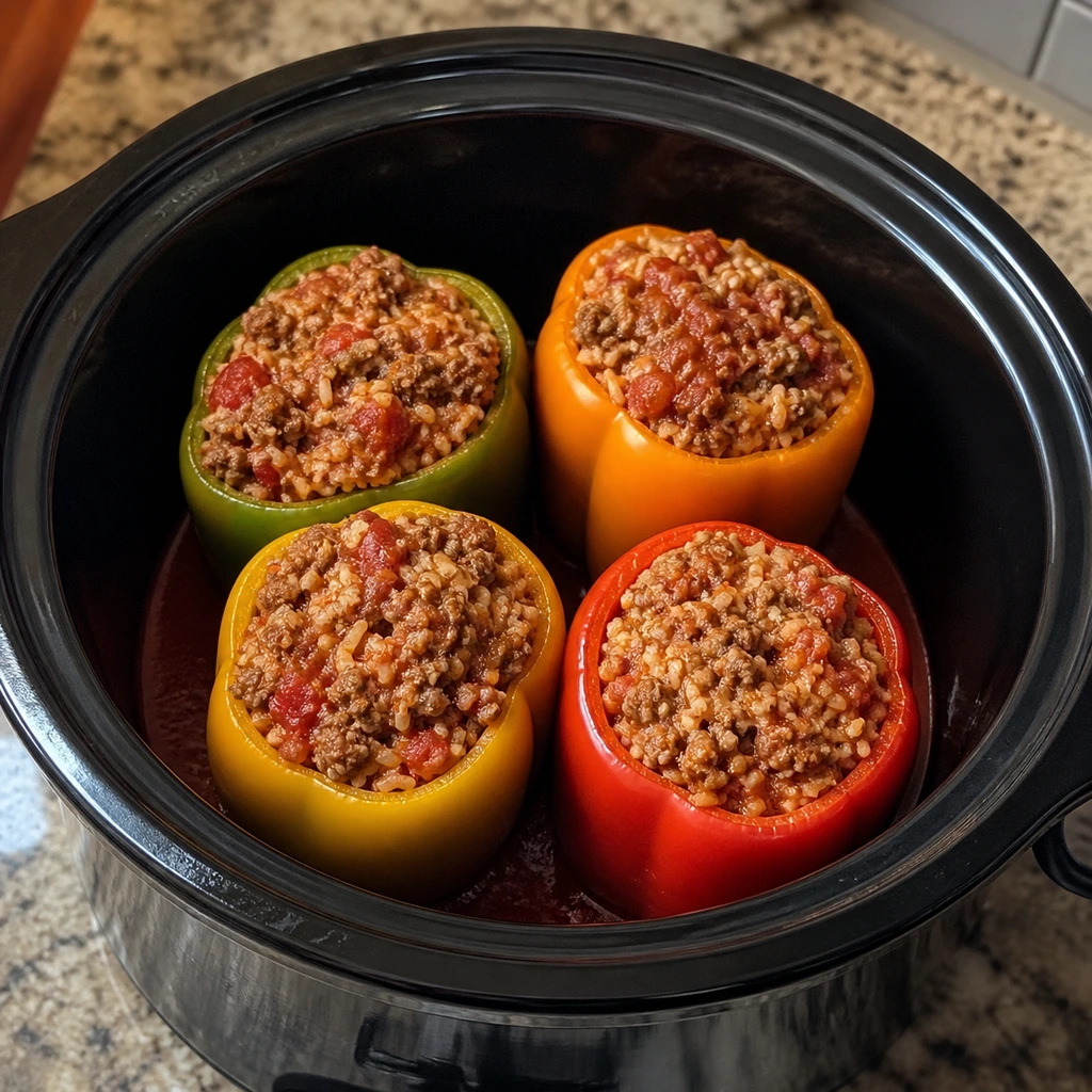 Stuffed peppers arranged upright in a slow cooker before cooking