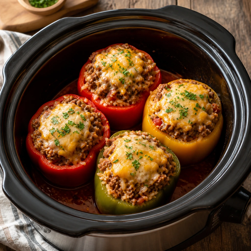 Slow cooker stuffed peppers topped with melted cheese and parsley