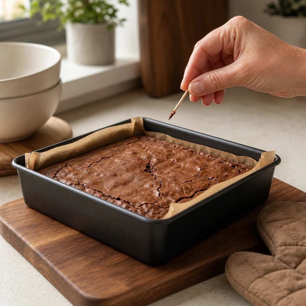Baked brownies tested with a toothpick showing moist crumbs