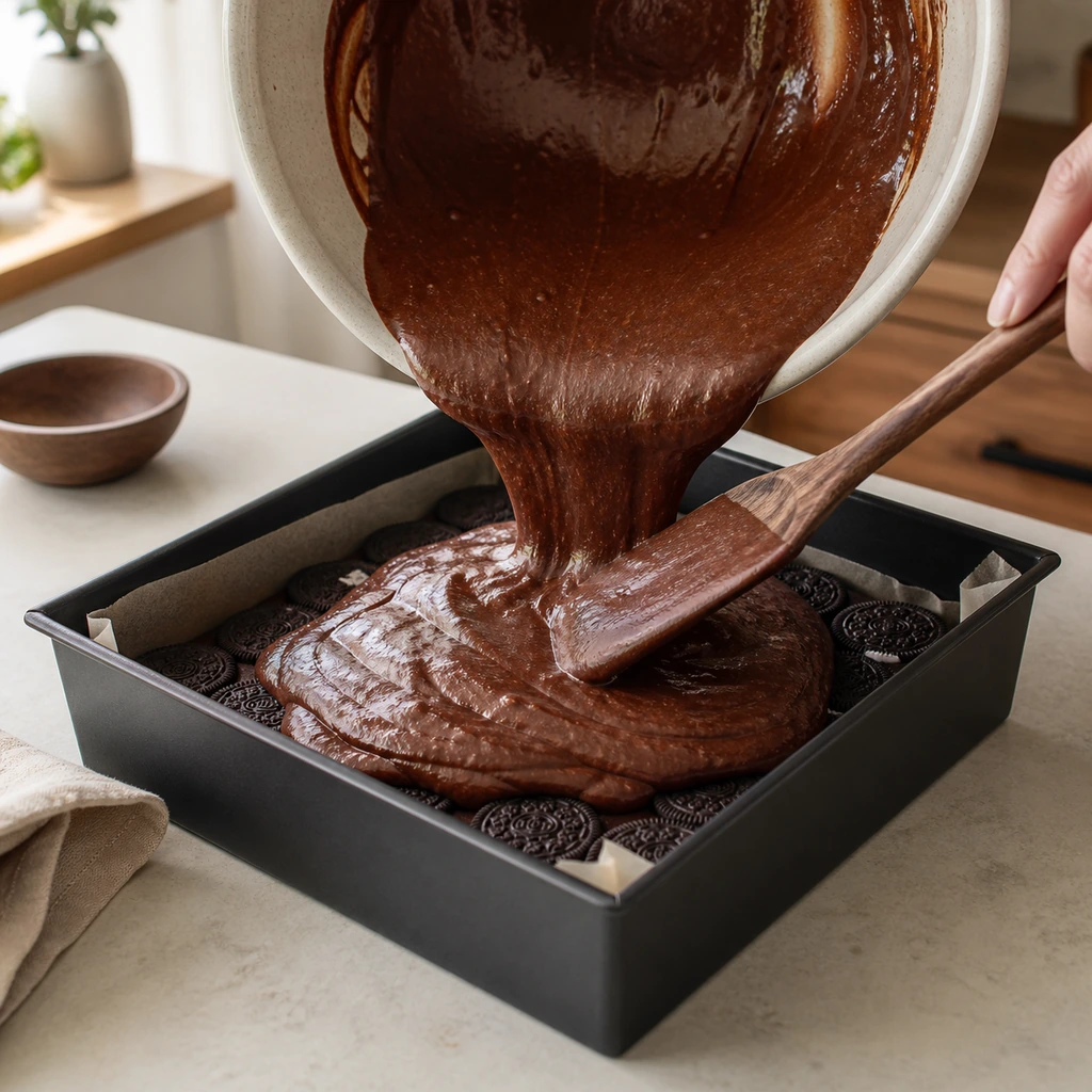 Glossy brownie batter spread over the sandwich cookie layer