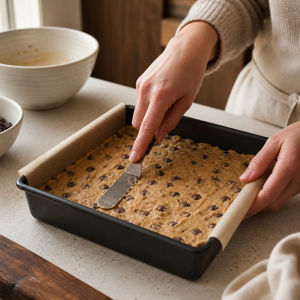 Chocolate chip cookie dough pressed evenly into a square pan