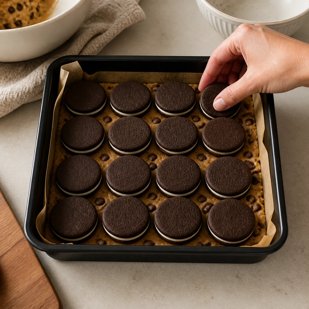 Sixteen chocolate sandwich cookies arranged over cookie dough