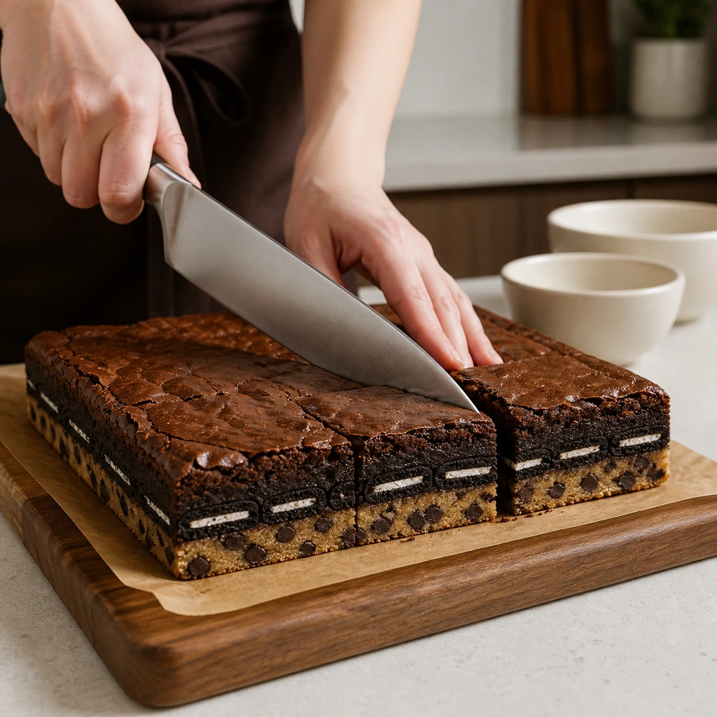 Cooled layered brownies cut into clean squares with a plain knife
