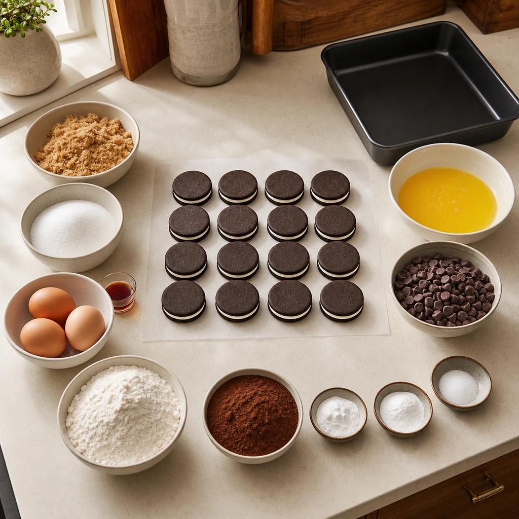 Measured ingredients for layered brownies including sixteen sandwich cookies