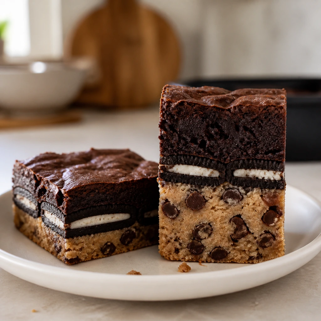 A cut brownie showing cookie dough sandwich cookie and fudgy brownie layers