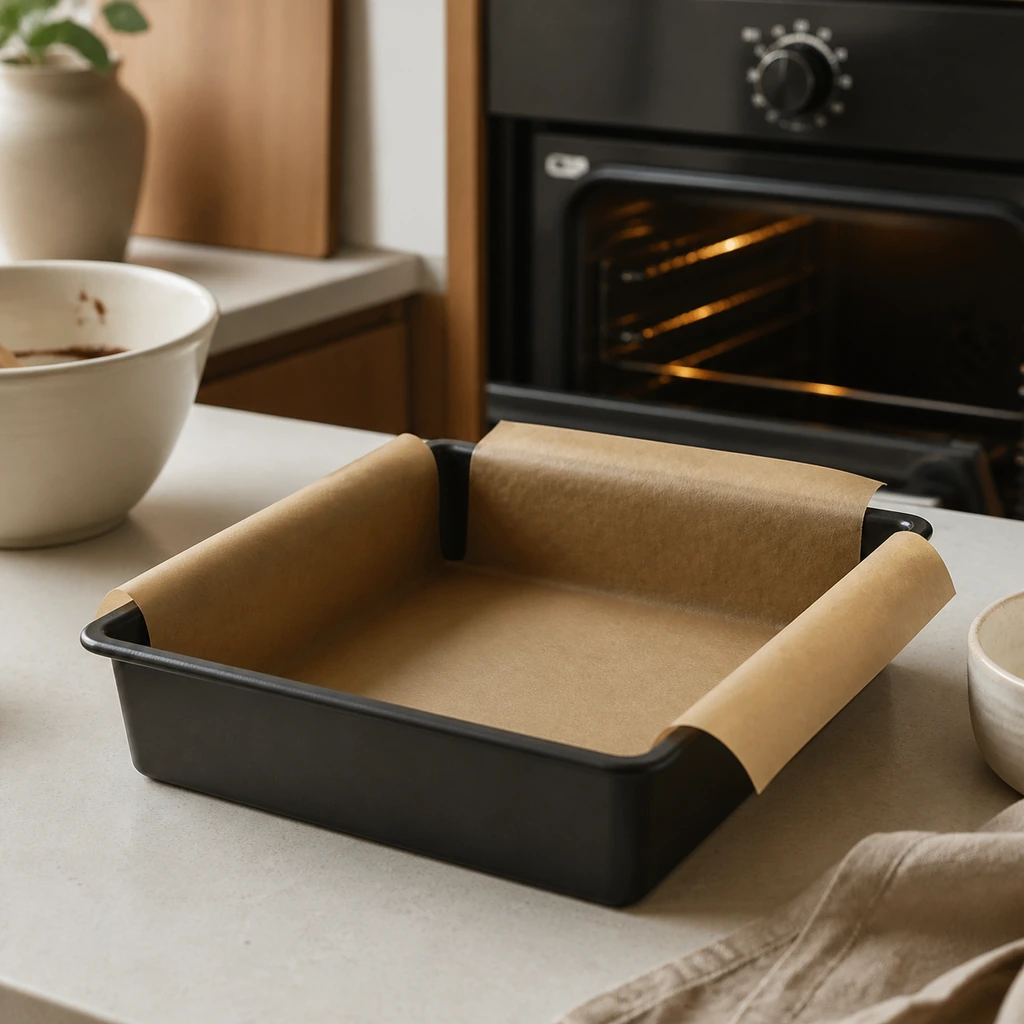 Parchment-lined square pan ready beside a preheated oven