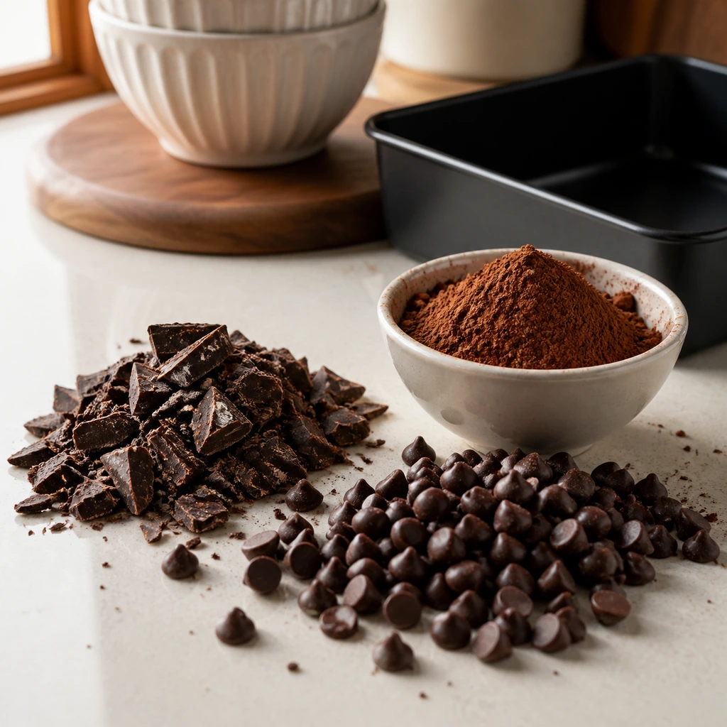Dark chocolate pieces chocolate chips and cocoa powder