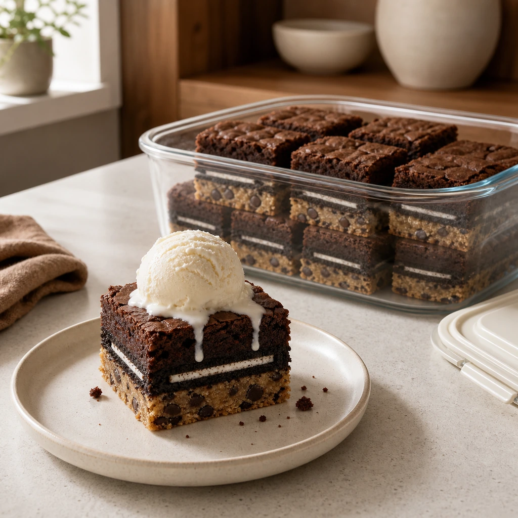 Warm layered brownie with vanilla ice cream and stored squares