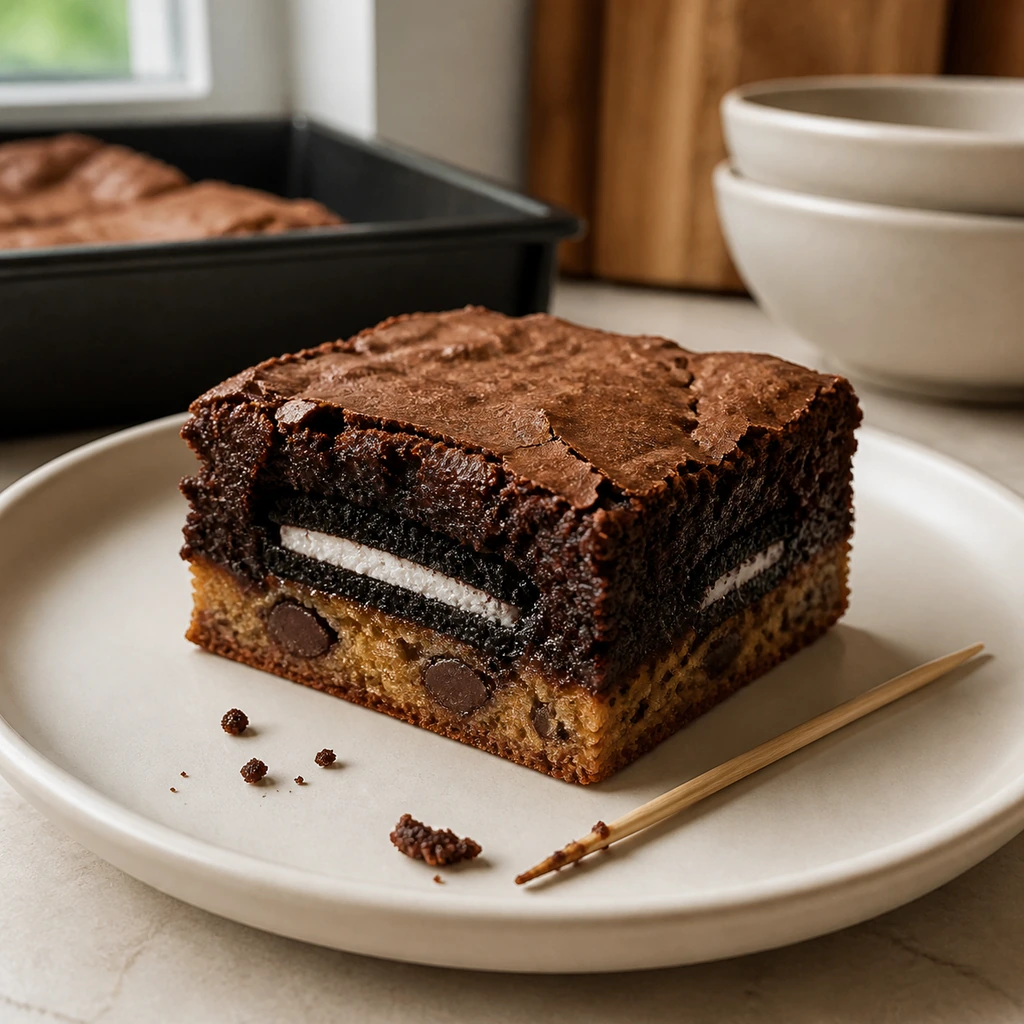 Layered brownie with set edges and a moist fudgy center