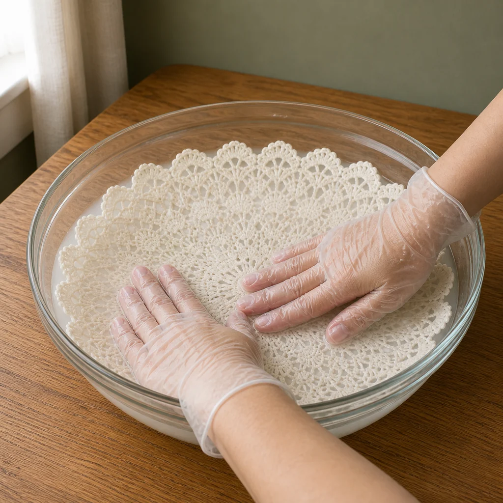 Soaking an ivory crochet doily in fabric stiffener