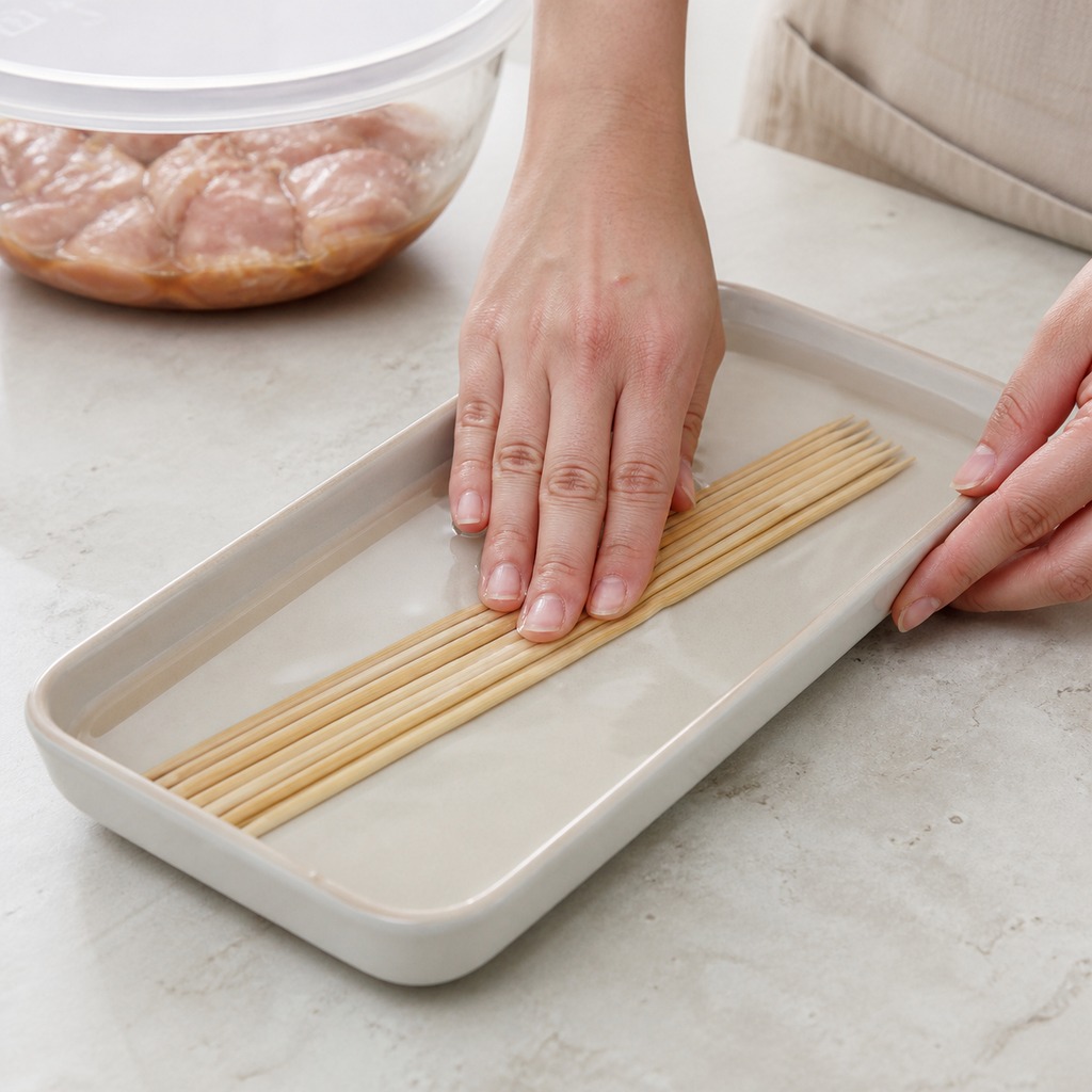 Wooden skewers soaking fully submerged in a shallow dish of water