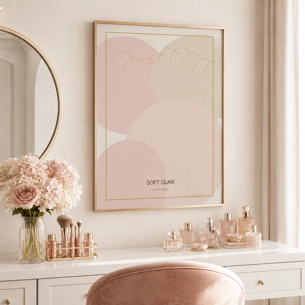 Soft Glam abstract wall art poster above a vanity and flowers