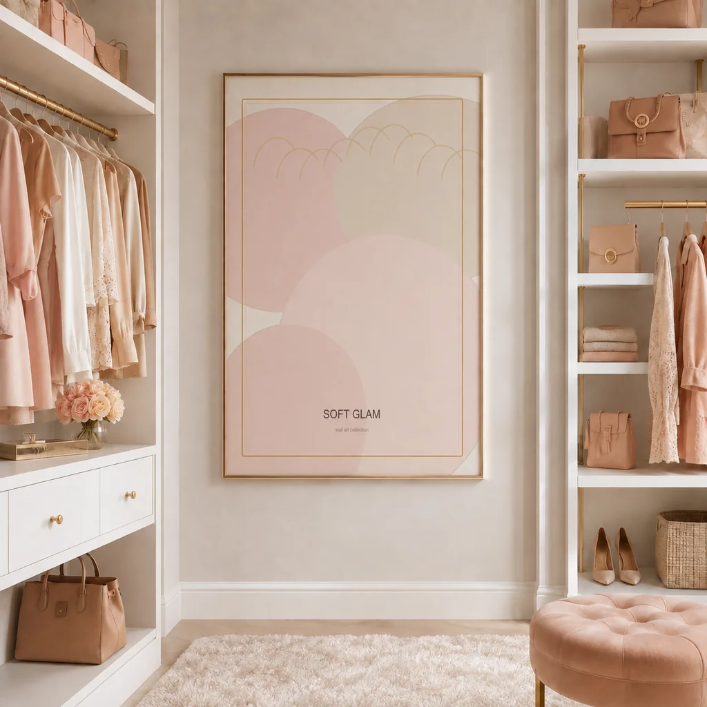 Soft Glam abstract poster centered inside a closet wall