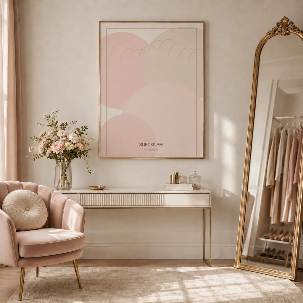 Soft Glam abstract poster in a blush dressing room