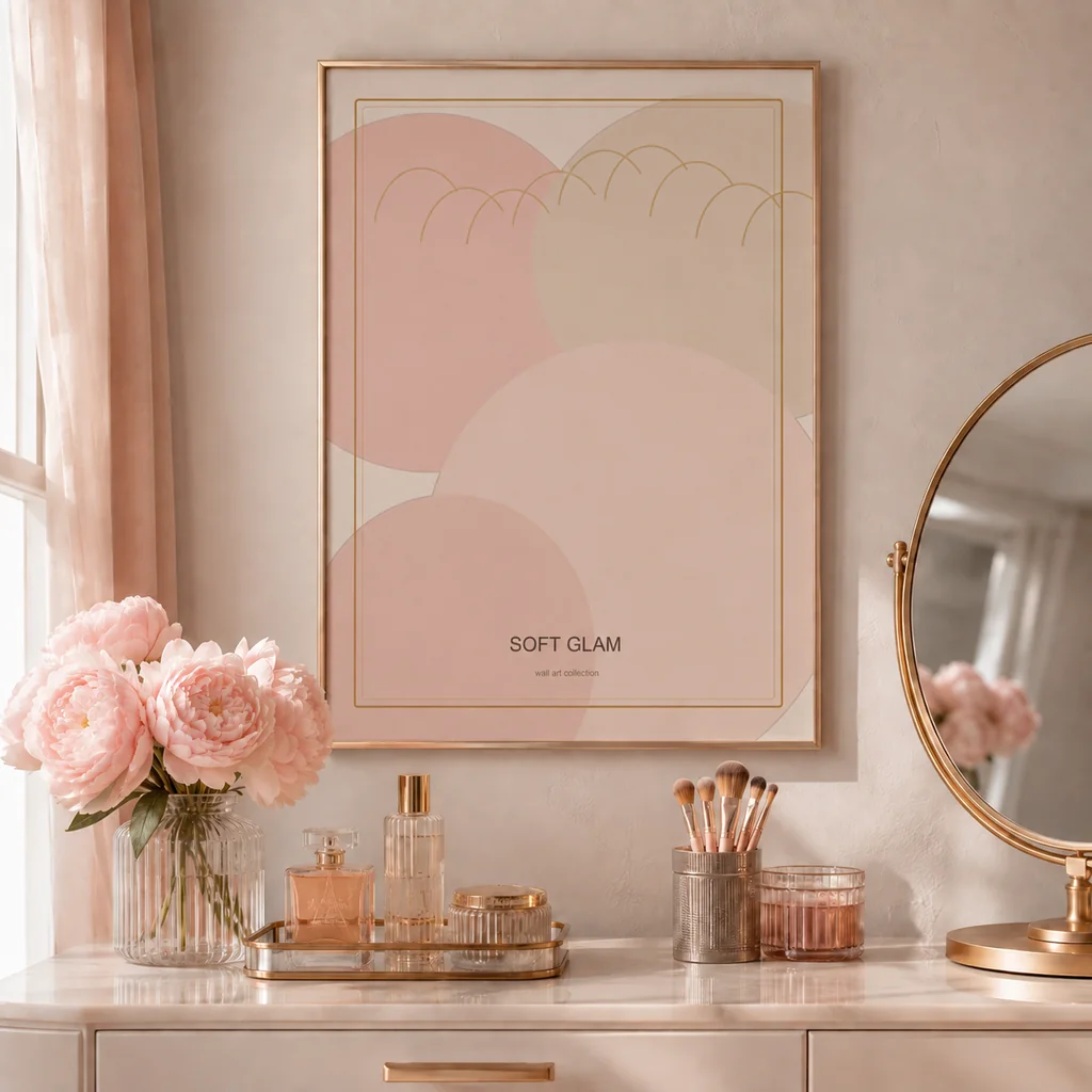 Soft Glam abstract poster above a blush vanity