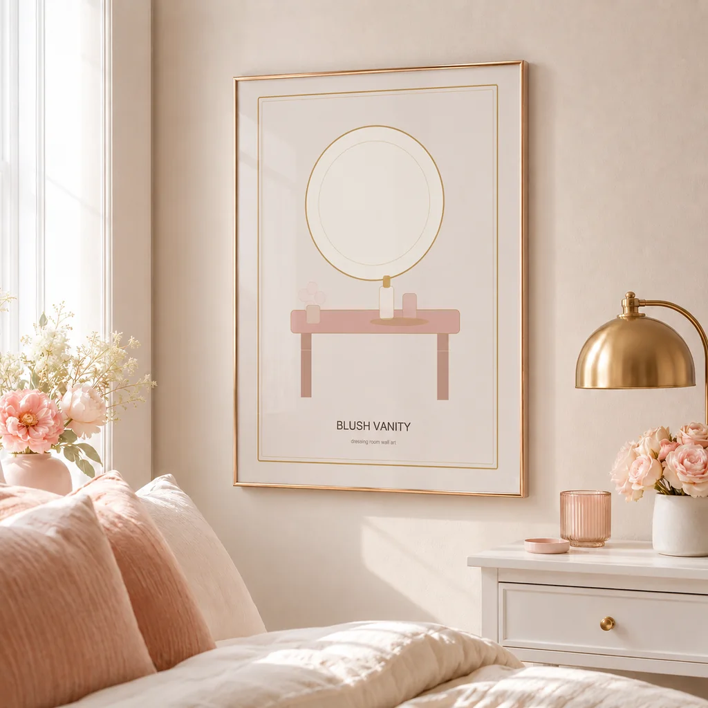 Blush Vanity poster beside a bed and gold vanity lamp