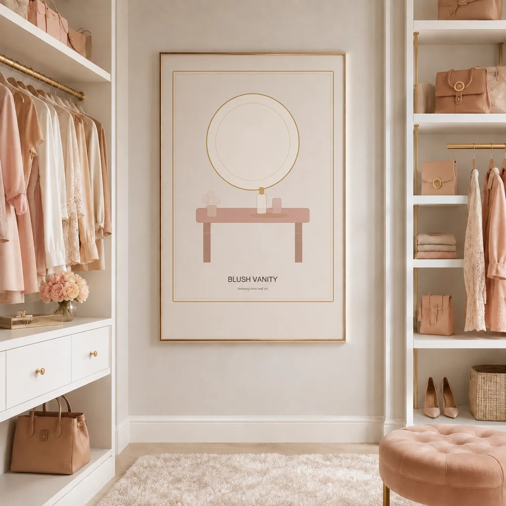 Blush Vanity wall art poster centered between closet shelves