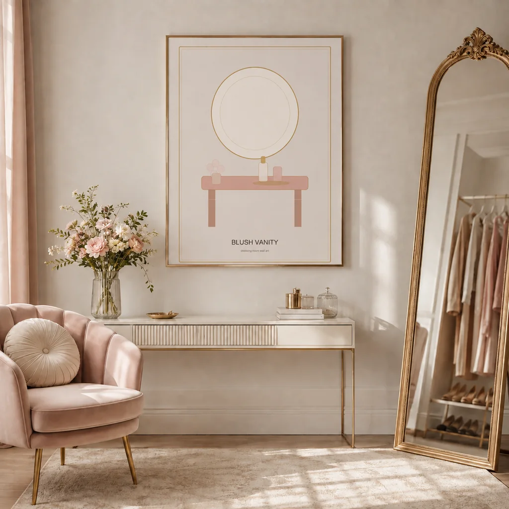 Soft glam dressing room with Blush Vanity wall art poster