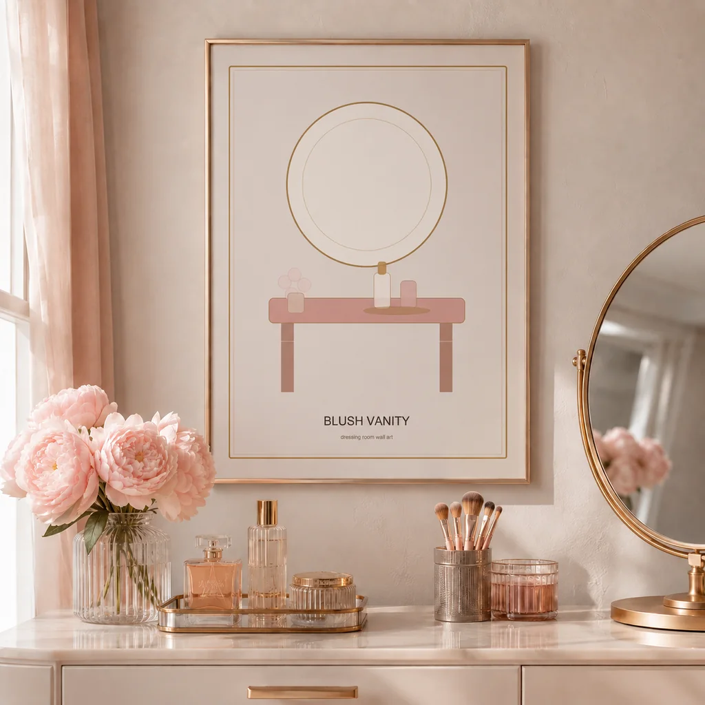 Blush Vanity wall art poster above perfume and makeup tools