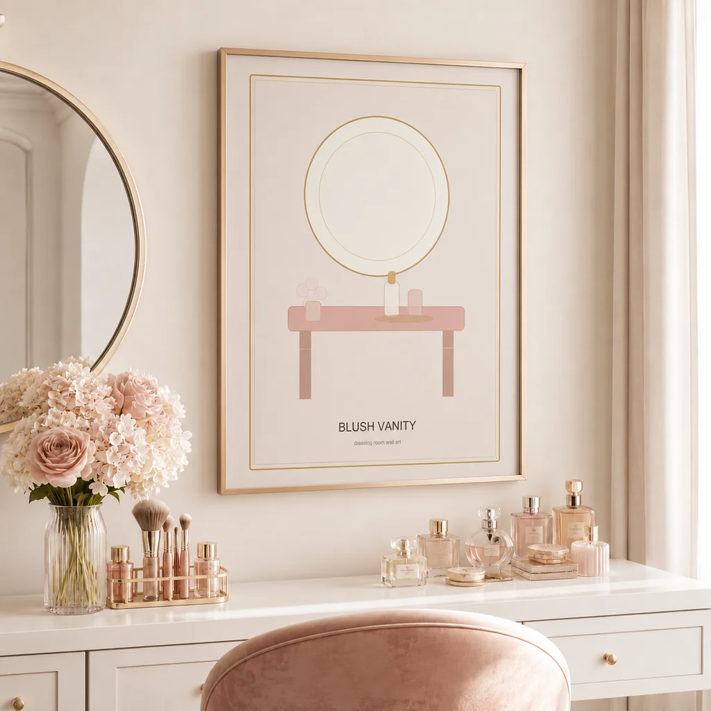 Blush Vanity poster with perfume bottles and blush florals