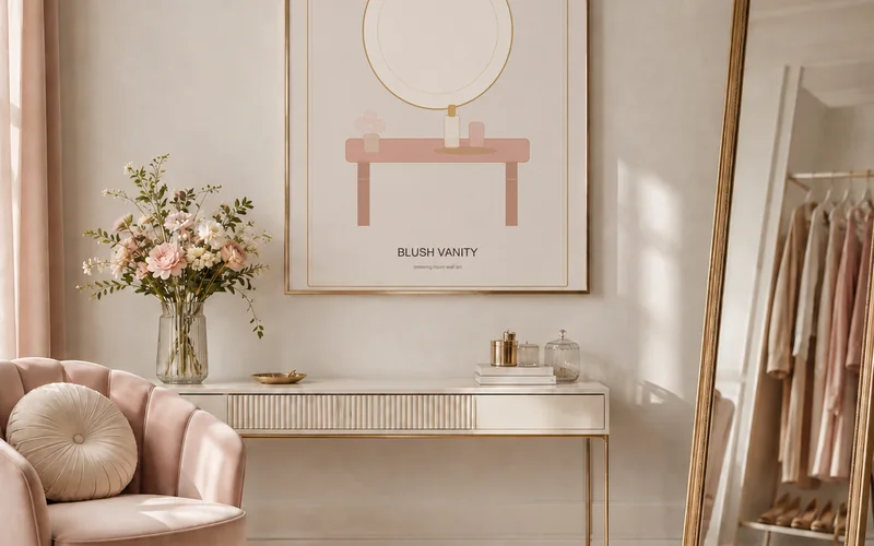 Soft glam dressing room wall art poster with blush decor and gold mirror