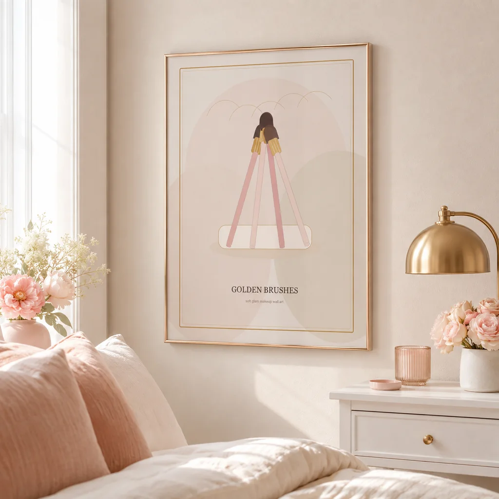 Golden Brushes makeup wall art poster beside a bed