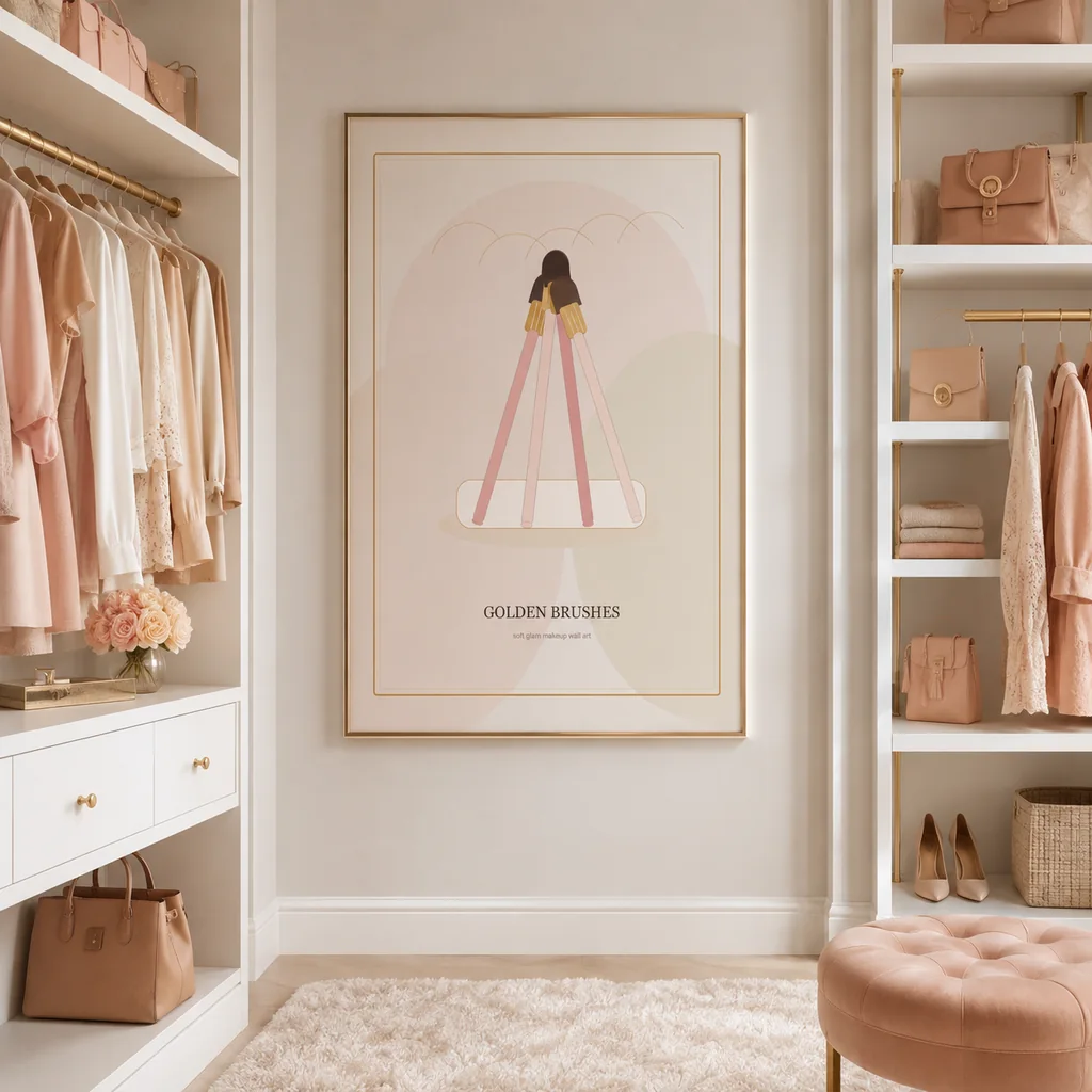 Golden Brushes poster centered between soft glam closet shelves