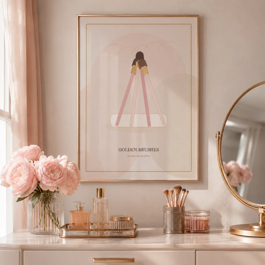 Golden Brushes poster above a makeup vanity