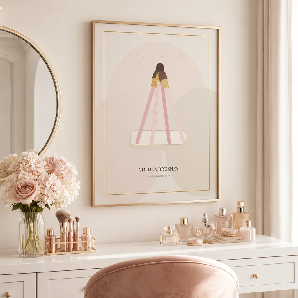 Golden Brushes poster above a white vanity with blush chair