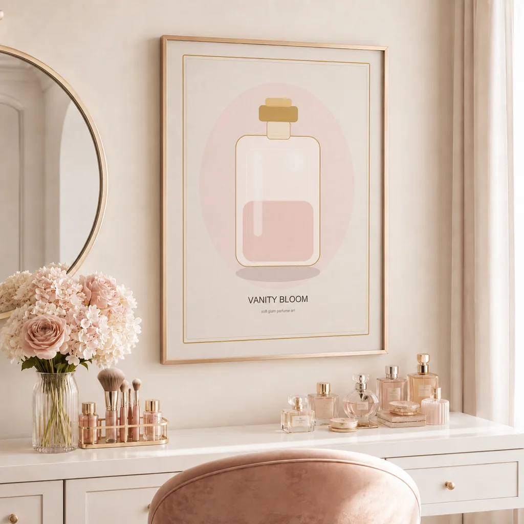 Vanity Bloom perfume wall art poster beside a bed