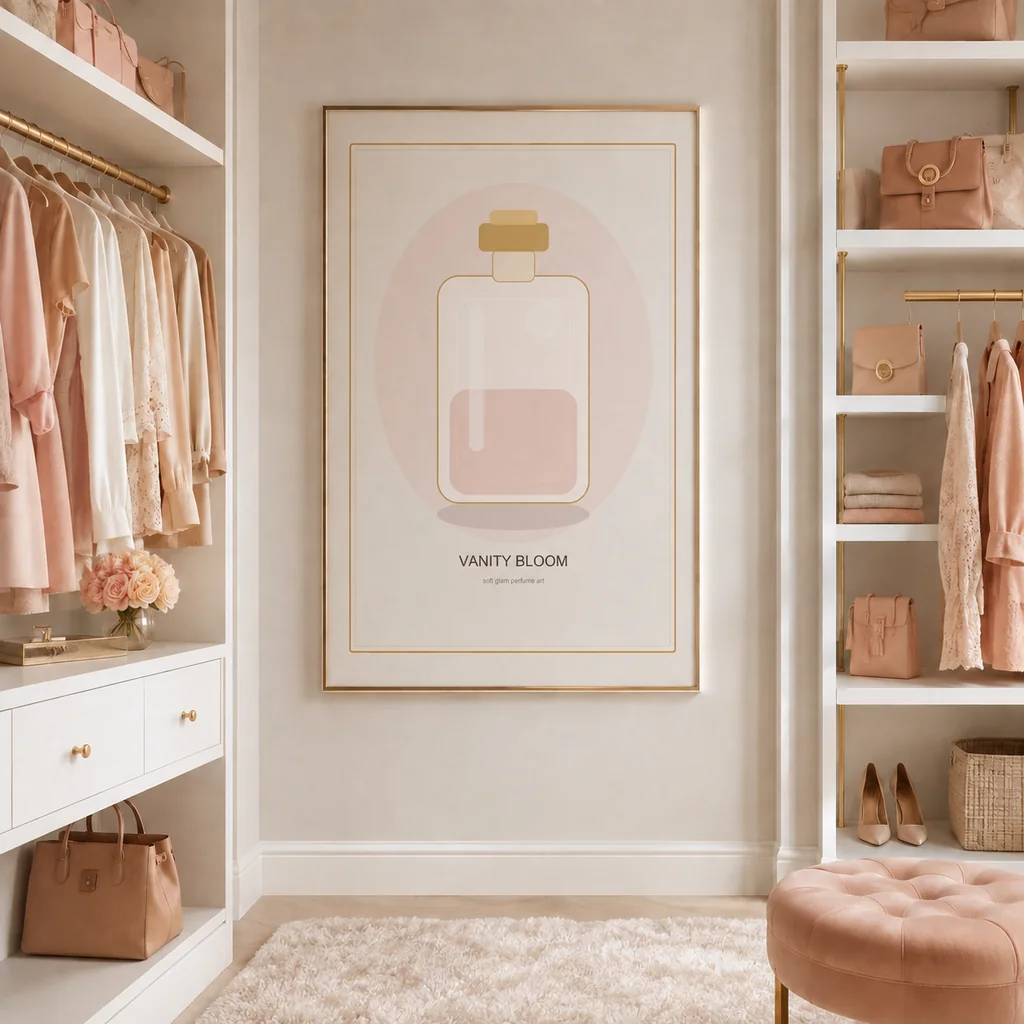 Vanity Bloom poster centered in a dressing closet