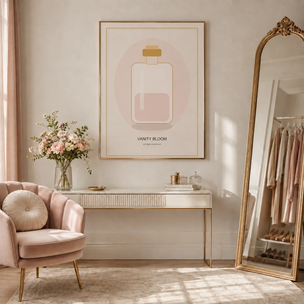 Vanity Bloom poster in a full soft glam dressing room