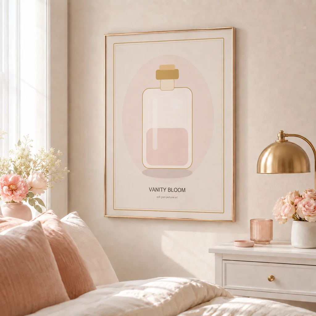 Vanity Bloom poster on a soft glam bedroom side wall