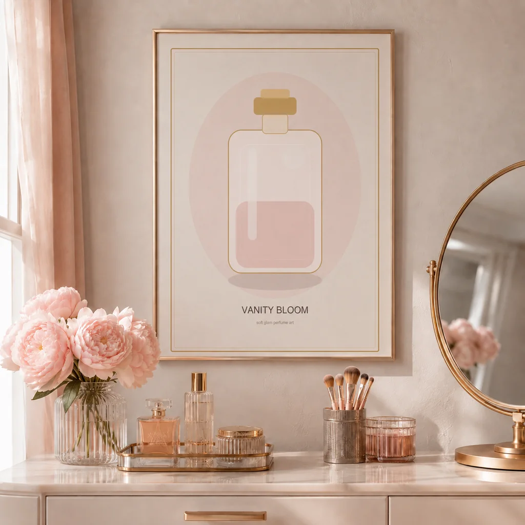 Vanity Bloom perfume poster above makeup and flowers
