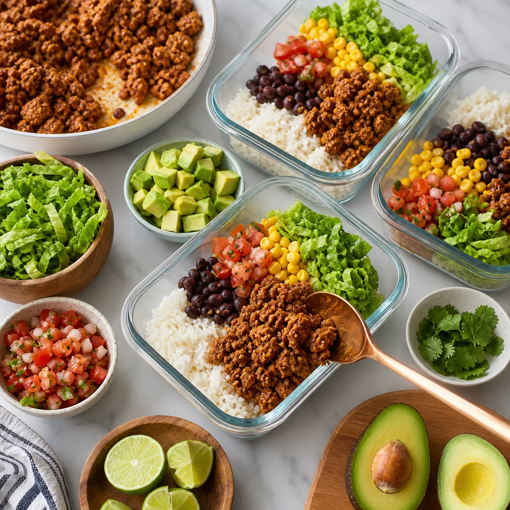 Spicy turkey taco meat being added to meal prep containers with rice beans corn lettuce pico and avocado