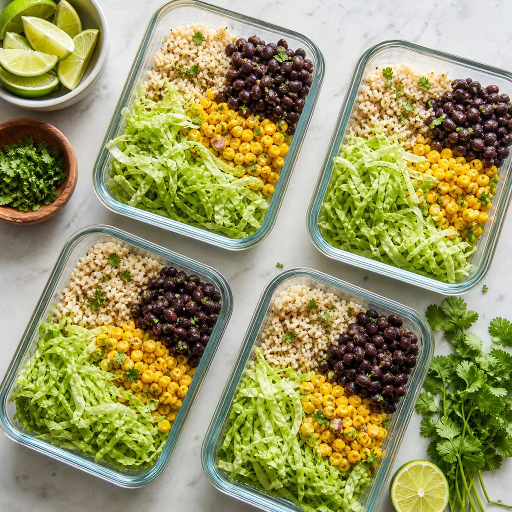 Meal prep containers with brown rice black beans corn shredded lettuce lime and cilantro