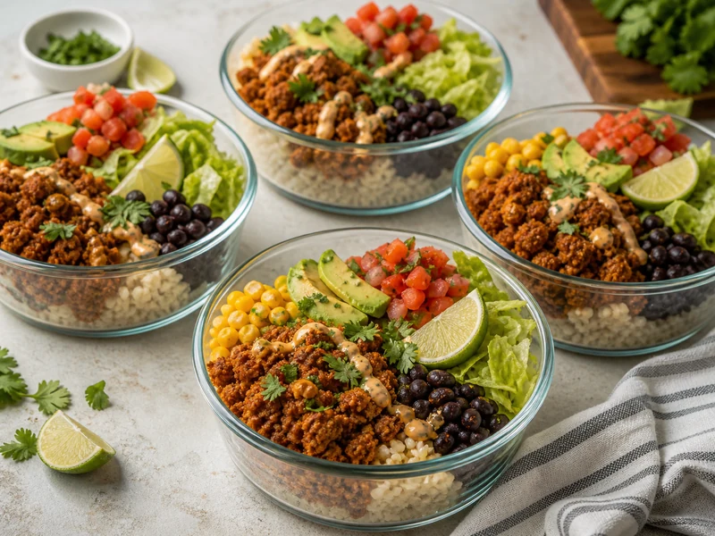 Spicy turkey taco meal prep bowls with rice beans corn lettuce avocado pico lime cilantro and chipotle yogurt sauce