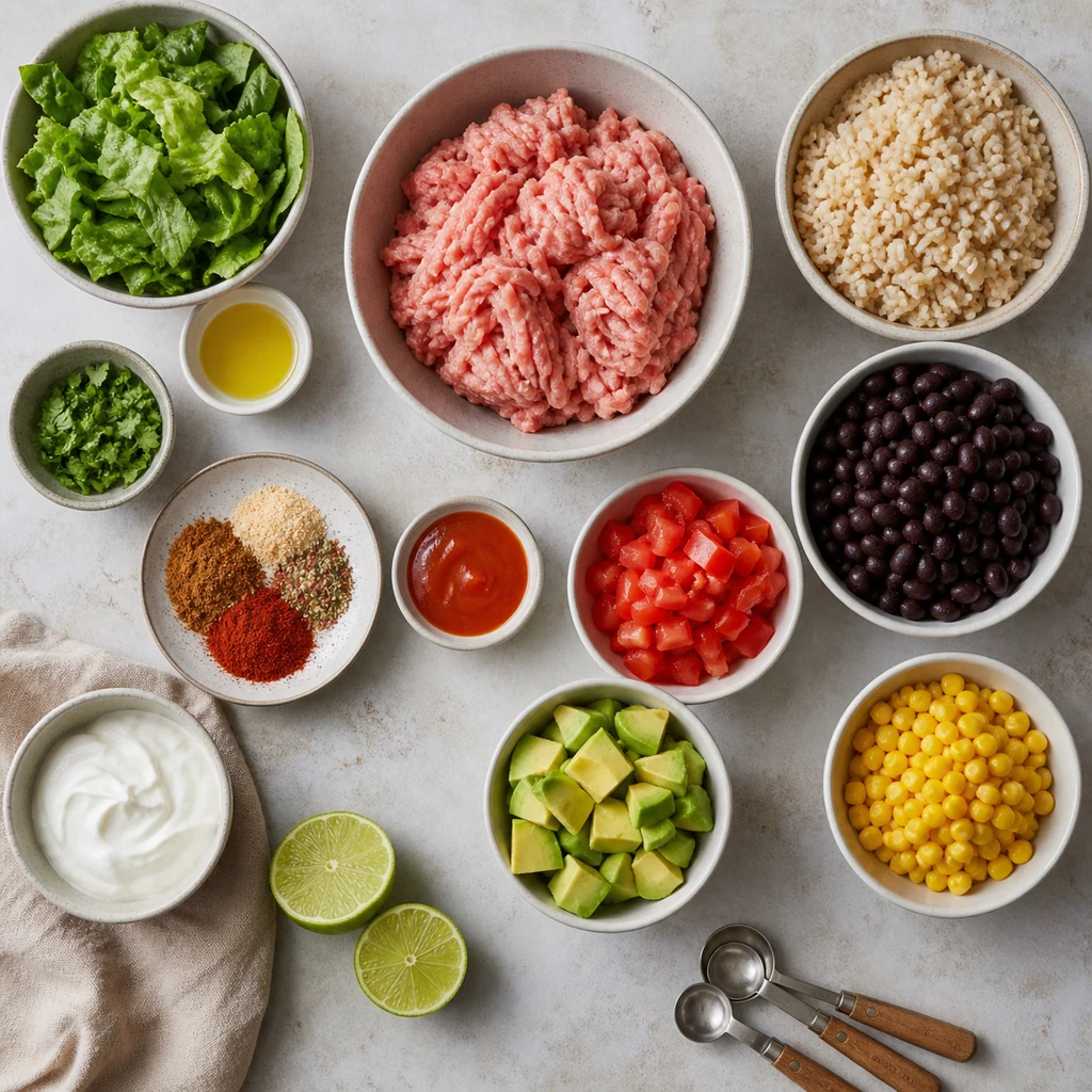 Ingredients for spicy turkey taco meal prep bowls arranged on a pale counter