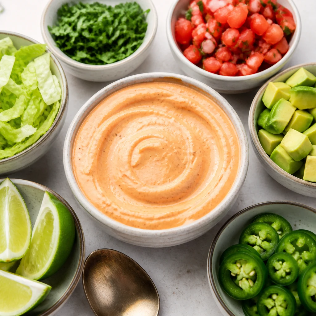 Creamy chipotle Greek yogurt sauce with lime cilantro pico avocado lettuce and jalapeno toppings